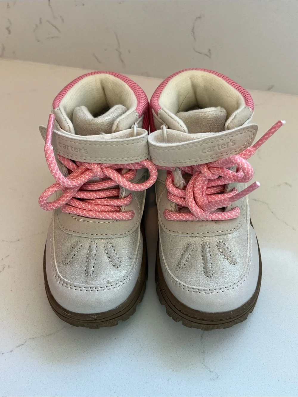 2 pair- Cat & Jack Pink Ankle Boot & Carter’s Cream Lace-Up Boot- Girls- Size 6
